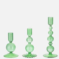 Colorful glass taper candle holders with ribbed and gradient design, set of 3 decorative centerpiece candlesticks