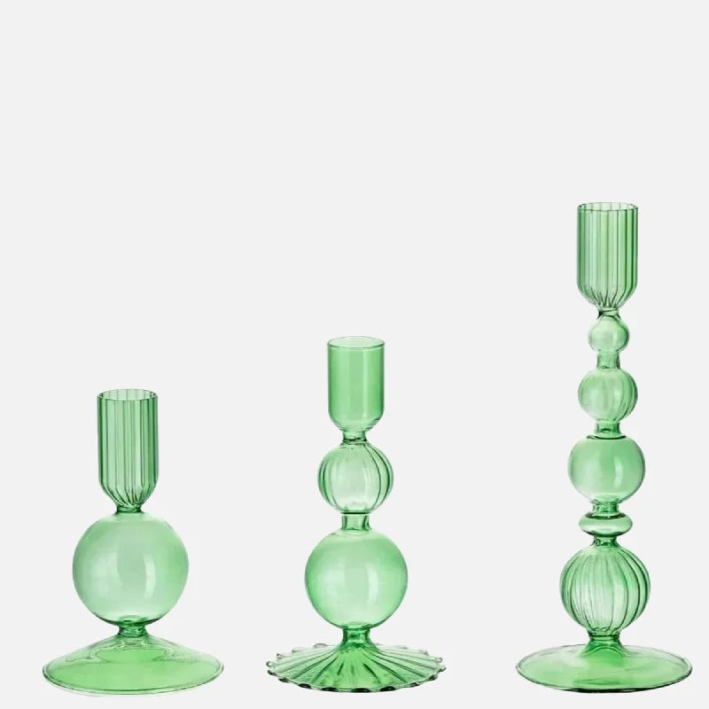 Colorful glass taper candle holders with ribbed and gradient design, set of 3 decorative centerpiece candlesticks