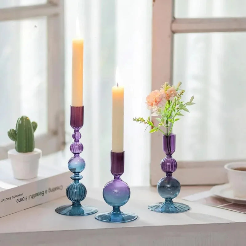 Colorful glass taper candle holders with ribbed and gradient design, set of 3 decorative centerpiece candlesticks