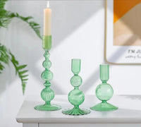 Colorful glass taper candle holders with ribbed and gradient design, set of 3 decorative centerpiece candlesticks