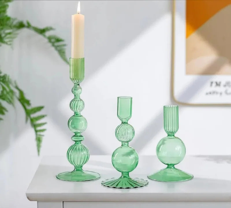 Colorful glass taper candle holders with ribbed and gradient design, set of 3 decorative centerpiece candlesticks