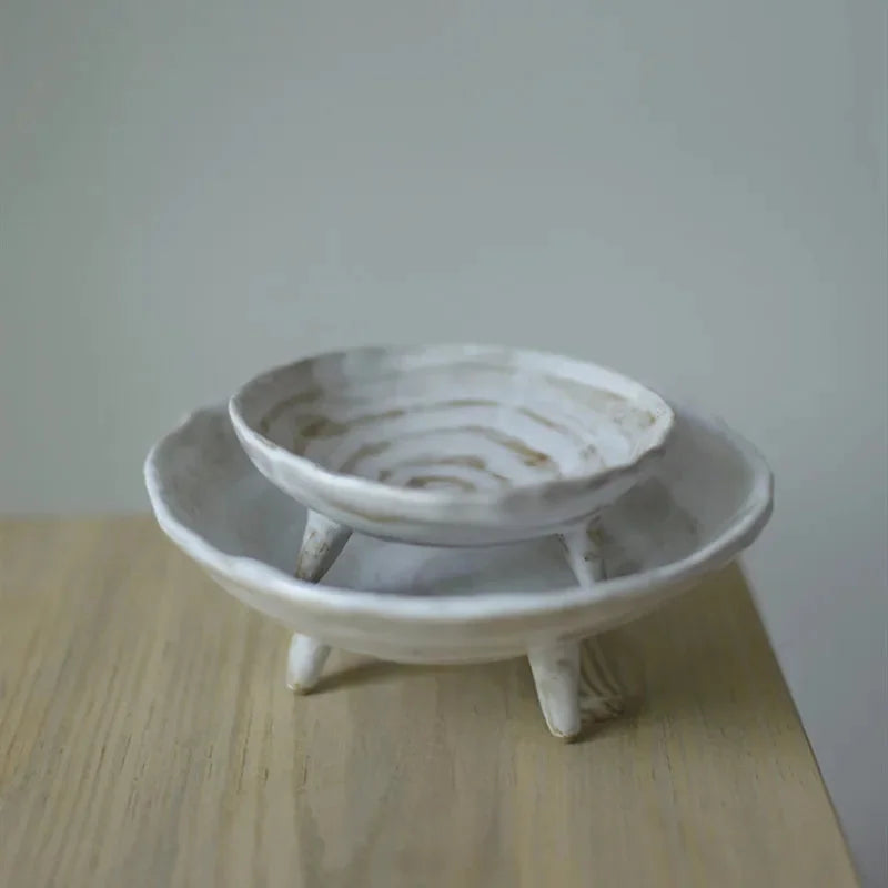 Stoneware pedestal dish footed ceramic matte textured tray