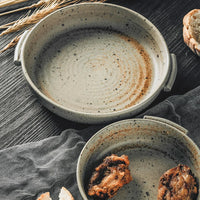 KINGLANG Handmade Rough Pottery Plate Retro Ceramic Household Dishes Japanese Fruit Plate with Handle-Letifly Lights and Decor