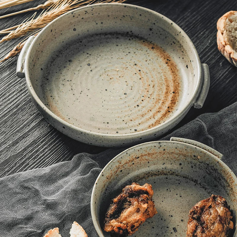 KINGLANG Handmade Rough Pottery Plate Retro Ceramic Household Dishes Japanese Fruit Plate with Handle-Letifly Lights and Decor