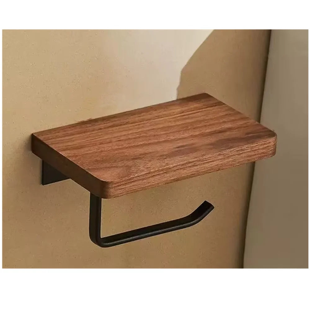 Toilet Paper Holder with Natural Walnut Wooden Shelf Tissue Roll Hanger Wall Mounted Paper Towel Bar 304 Stainless Steel Paper-Letifly Lights and Decor