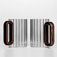 Glass Coffee Mug Ribbed 350ml Walnut Handle Heat Resistant Borosilicate Tea Milk Cup