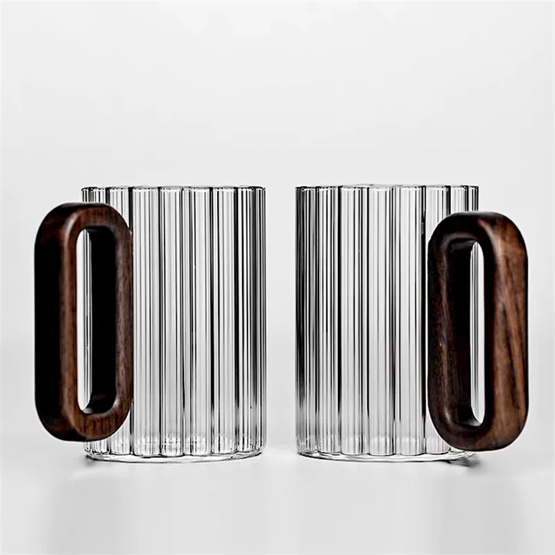 Glass Coffee Mug Ribbed 350ml Walnut Handle Heat Resistant Borosilicate Tea Milk Cup