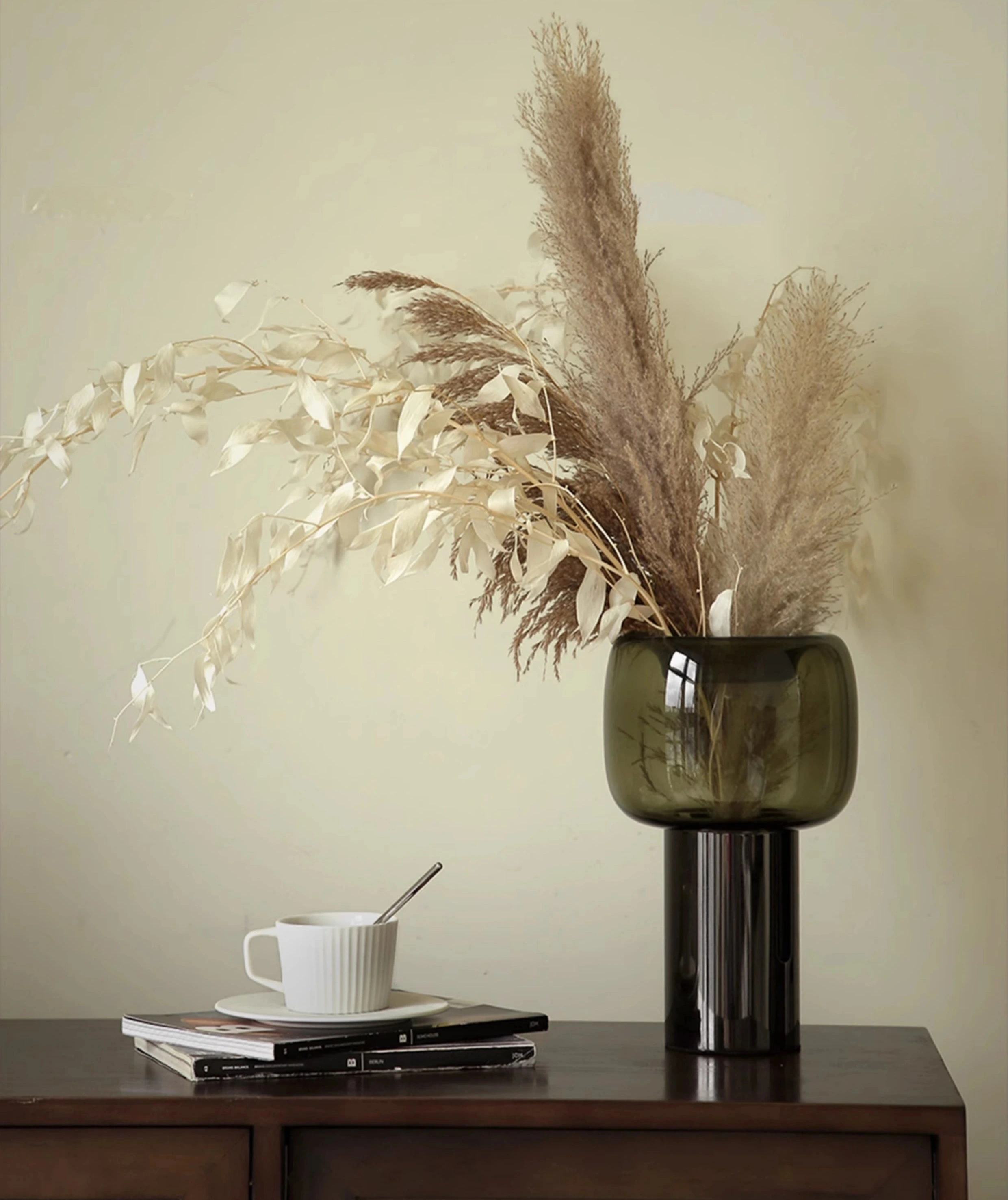 Dark smoky glass vase with modern metallic base sleek design for flowers, dried arrangements and other decor