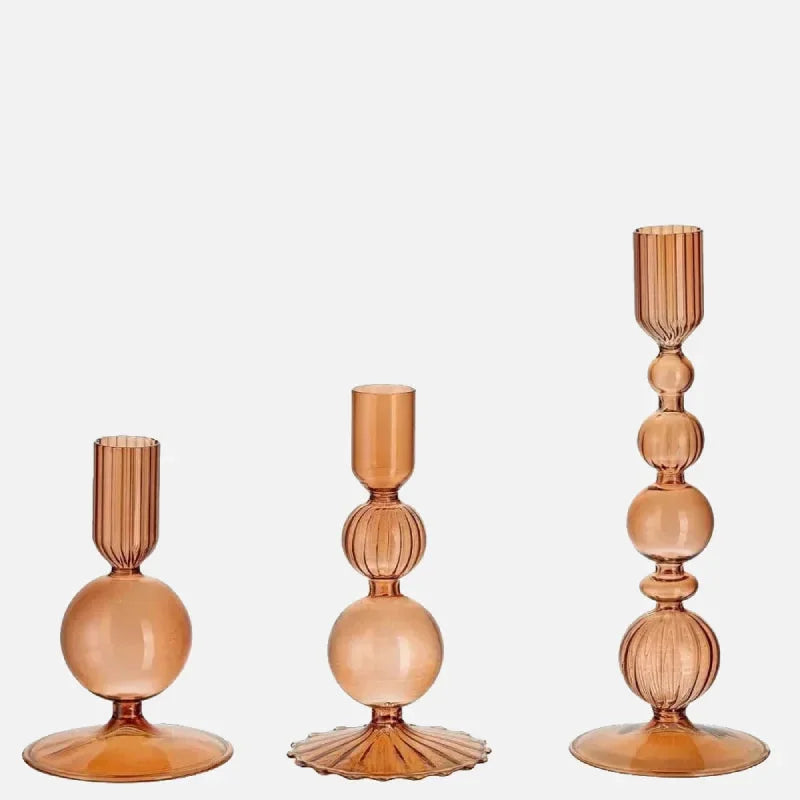 Colorful glass taper candle holders with ribbed and gradient design, set of 3 decorative centerpiece candlesticks