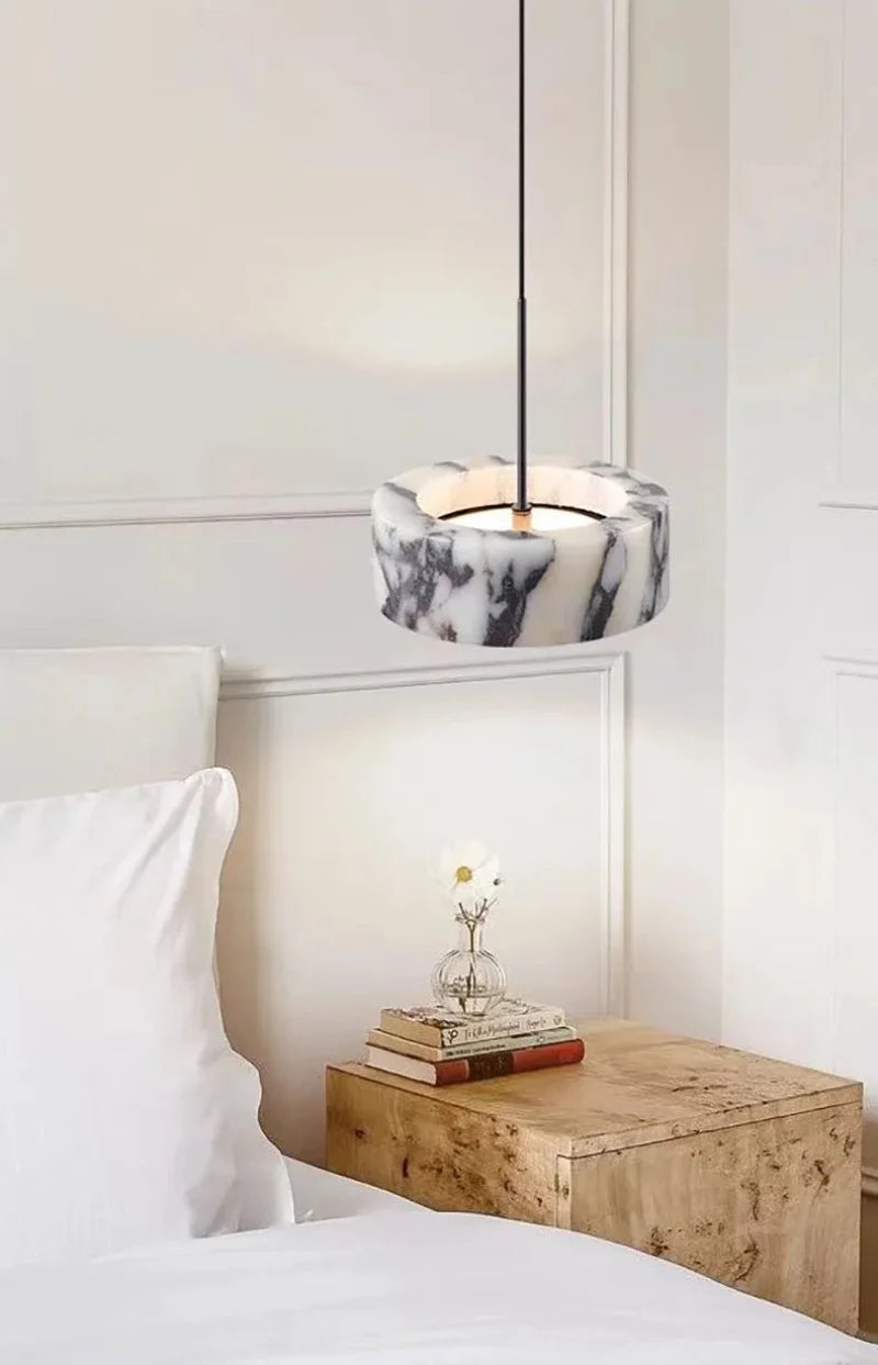 Modern natural stone Alabaster Core LED pendant lamp, dimmable marble chandelier with adjustable height for luxury bedroom bedside and kitchen bar