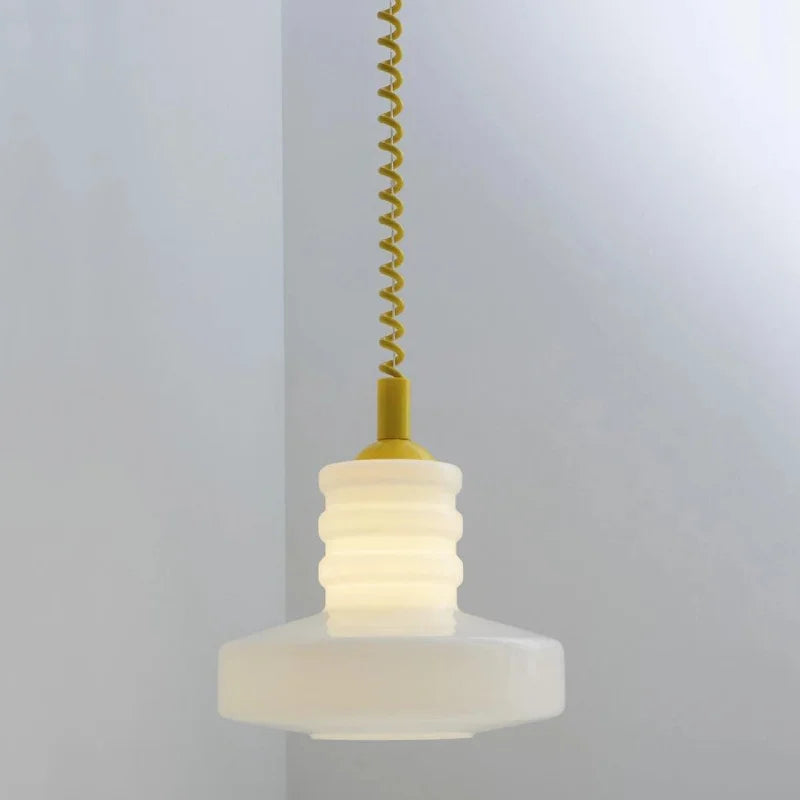 Vintage glass suspension lamp, retro creative white milk glass chandelier with blue coiled cord, Chromatic Coil Lamp for living room kitchen decor