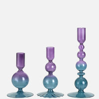 Colorful glass taper candle holders with ribbed and gradient design, set of 3 decorative centerpiece candlesticks