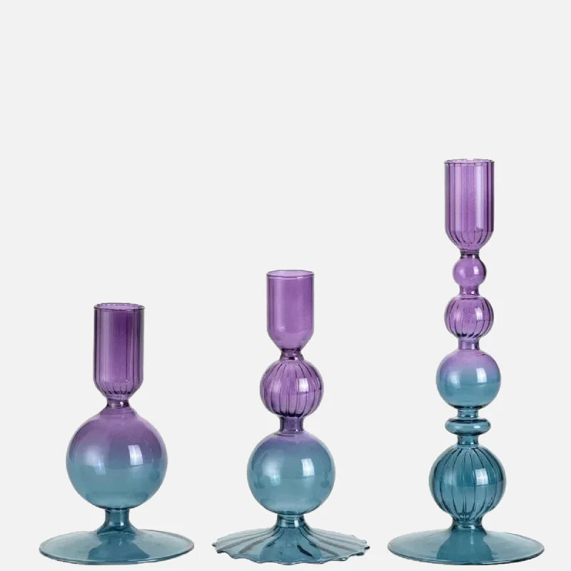 Colorful glass taper candle holders with ribbed and gradient design, set of 3 decorative centerpiece candlesticks