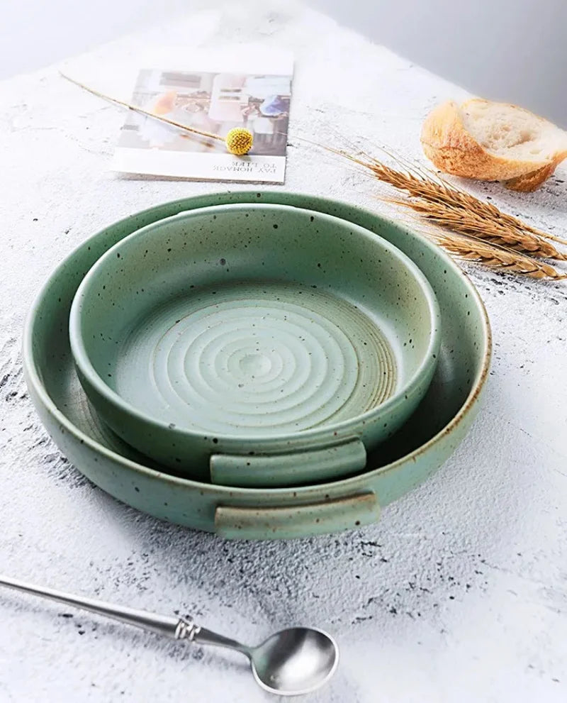 KINGLANG Handmade Rough Pottery Plate Retro Ceramic Household Dishes Japanese Fruit Plate with Handle-Letifly Lights and Decor