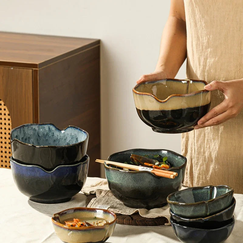 Ceramic serving bowls reactive glaze blue brown organic rim stackable modern dining tableware