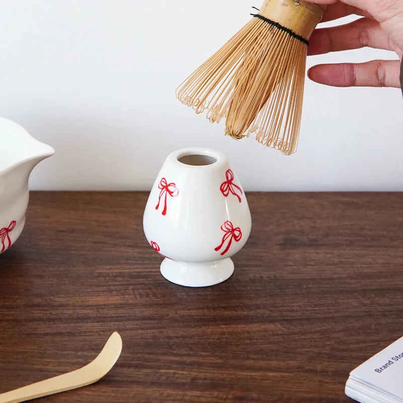 Ceramic matcha set red bow pattern bowl with spout whisk holder tea cup glossy ceramic tea tools