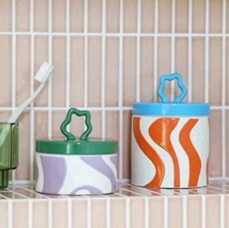 Retro colorful ceramic storage jar with lid wavy design glazed finish kitchen coffee candy container