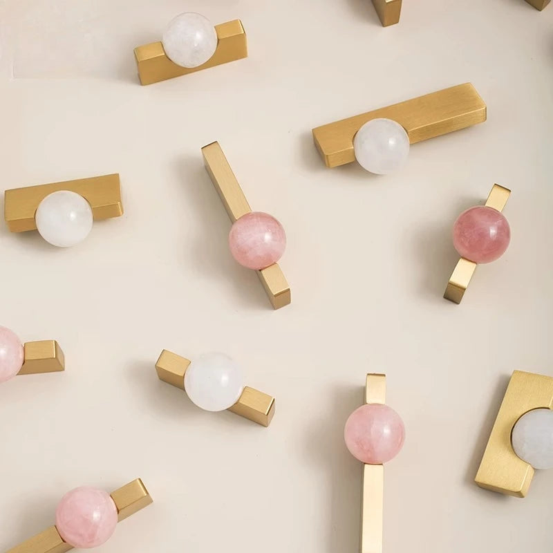 New Light Luxury Cabinet Door Handle High End Brass Wardrobe Handle Natural Crystal Ball Shoe Cabinet Drawer Long Handle-Letifly Lights and Decor