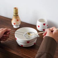 Ceramic heart print matcha bowl set with whisk holder and tea cup glossy white tea tools
