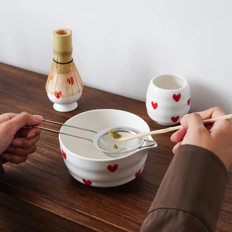 Ceramic heart print matcha bowl set with whisk holder and tea cup glossy white tea tools