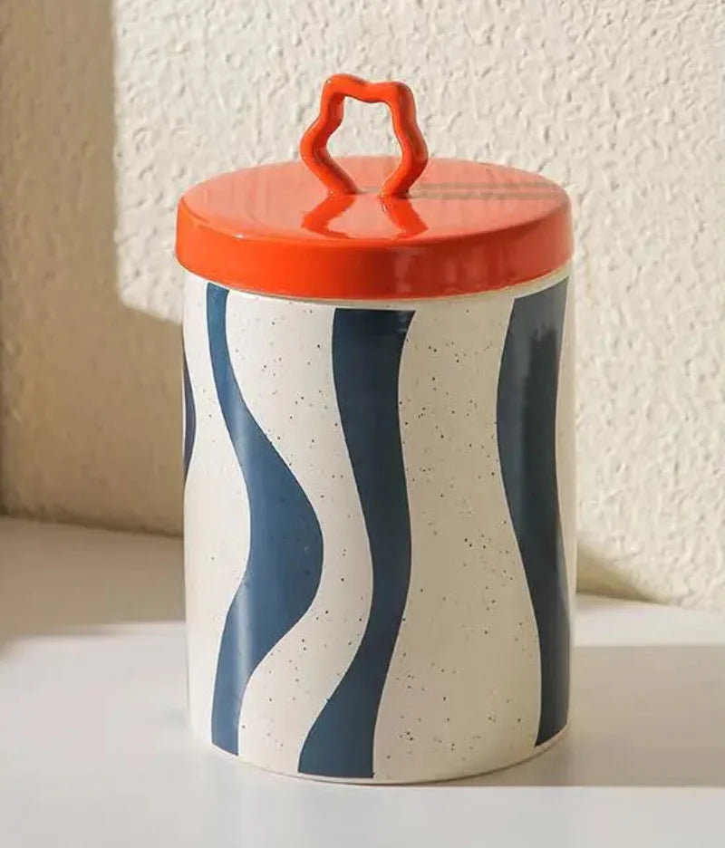 Retro colorful ceramic storage jar with lid wavy design glazed finish kitchen coffee candy container