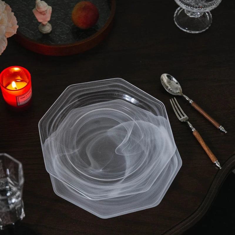 Octagonal glass serving plate clear frosted geometric modern fruit dessert platter minimalist tableware