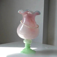 Pastel Pedestal Glass Vase Ruffle Top Romantic Fluted Home Decor Flower Arrangement Accent