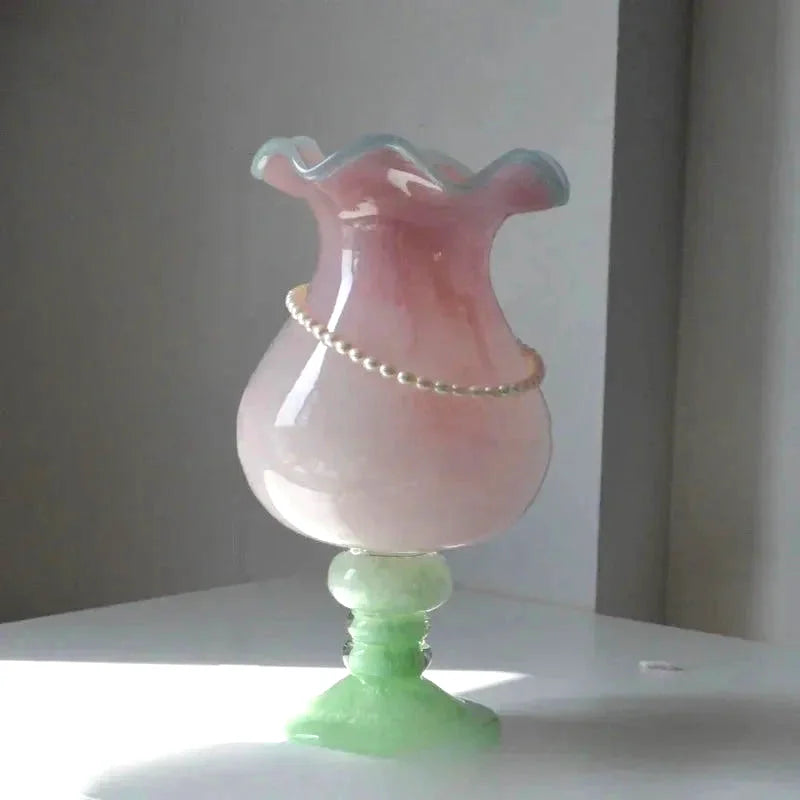 Pastel Pedestal Glass Vase Ruffle Top Romantic Fluted Home Decor Flower Arrangement Accent
