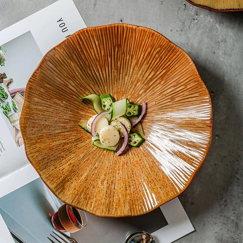 Terracotta ceramic sunburst bowl scalloped rim artisan textured serving bowl modern rustic tableware