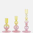 Colorful glass taper candle holders with ribbed and gradient design, set of 3 decorative centerpiece candlesticks