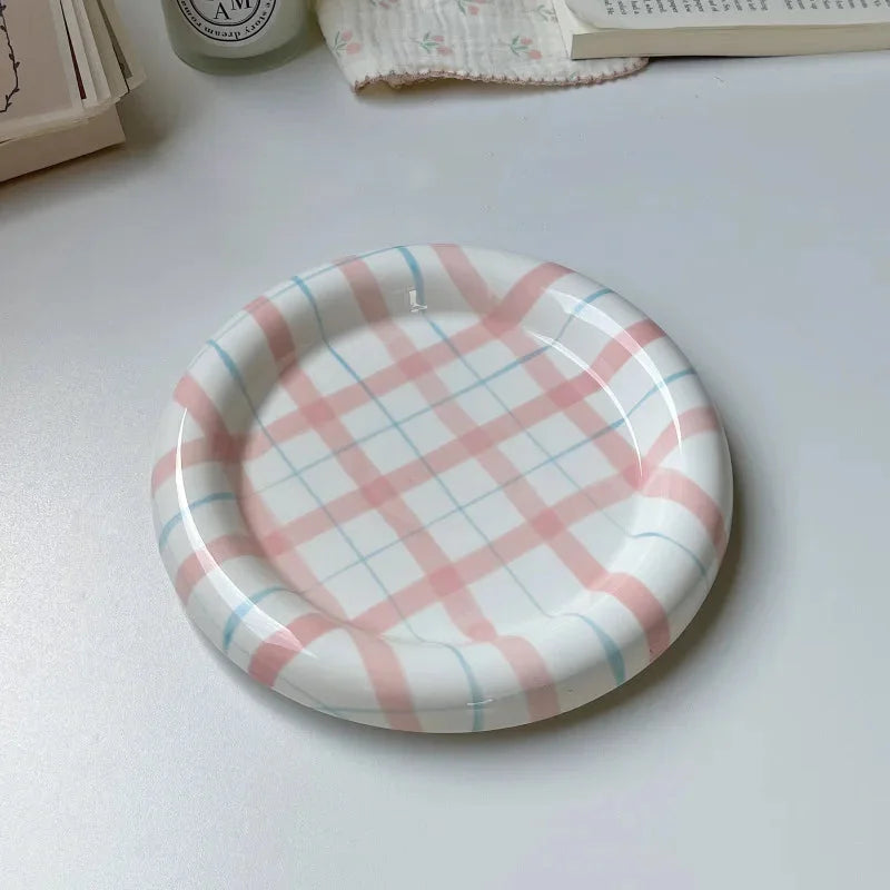 Gridline Ceramic Plates Glossy ceramic plates with thick rim in pink green blue purple modern tableware
