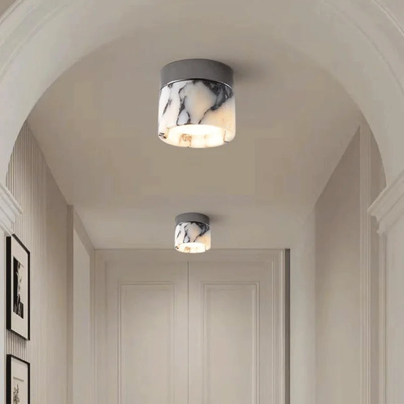 Vena Marble round natural stone ceiling light, retro translucent marble art deco ceiling lamp for Nordic home entrance, hallway, and modern decor