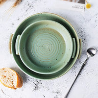 KINGLANG Handmade Rough Pottery Plate Retro Ceramic Household Dishes Japanese Fruit Plate with Handle-Letifly Lights and Decor
