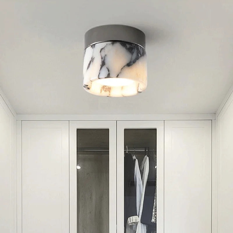Vena Marble round natural stone ceiling light, retro translucent marble art deco ceiling lamp for Nordic home entrance, hallway, and modern decor