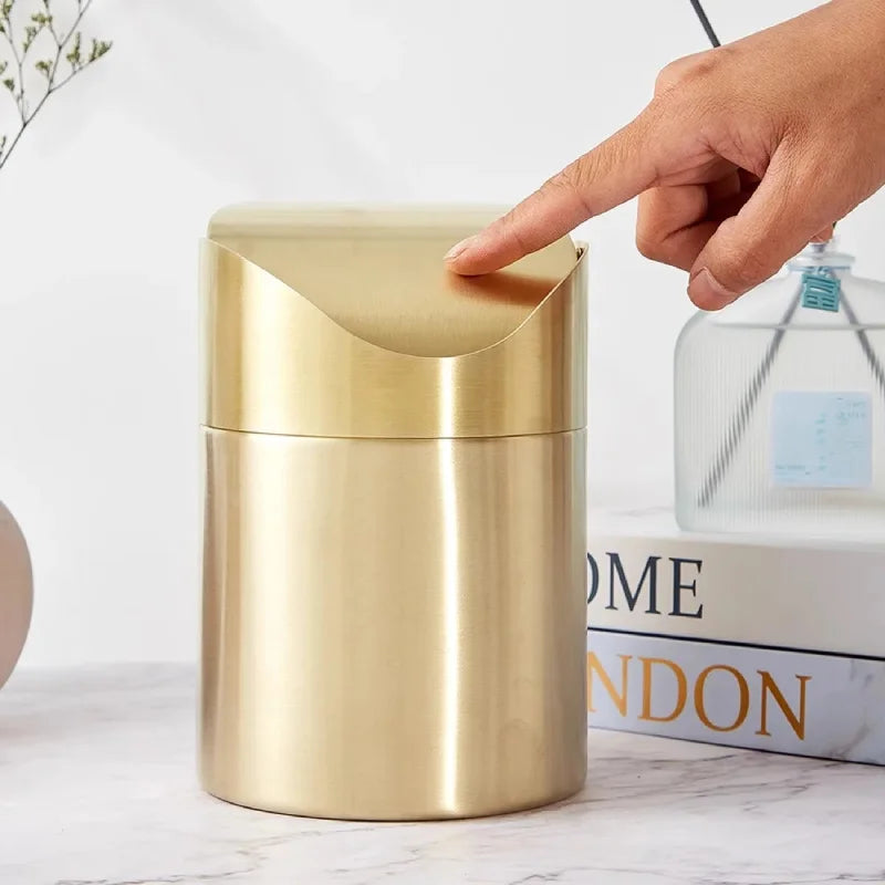 304 Mini Countertop Brushed Stainless Steel Swing Lid Trash Can Set, 1.5 L / 0.40 Gal,Desktop gold trash can-Letifly Lights and Decor