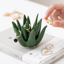 Nordic ceramic cactus aloe ring jewelry organizer, decorative green succulent earring storage dish for home study, office desk, and vanity decor