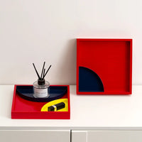 Tray solid wood geometric color-block metallic accents for storage organization or display