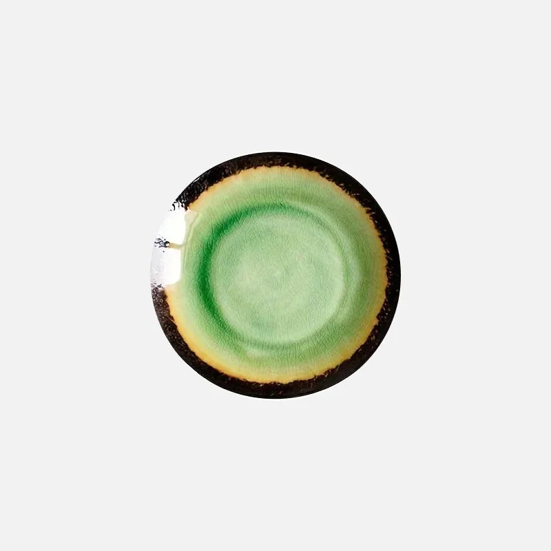Ceramic Dinner Plate Green Kiln Glaze Flat Sushi Salad Serving Crackle Ice Glazed Dish