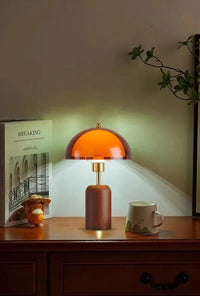 Letifly Lights & Decor - Amber Dome Table Lamp - Amber acrylic dome table lamp with wood-look base and brass-toned stem