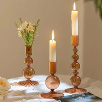 Colorful glass taper candle holders with ribbed and gradient design, set of 3 decorative centerpiece candlesticks
