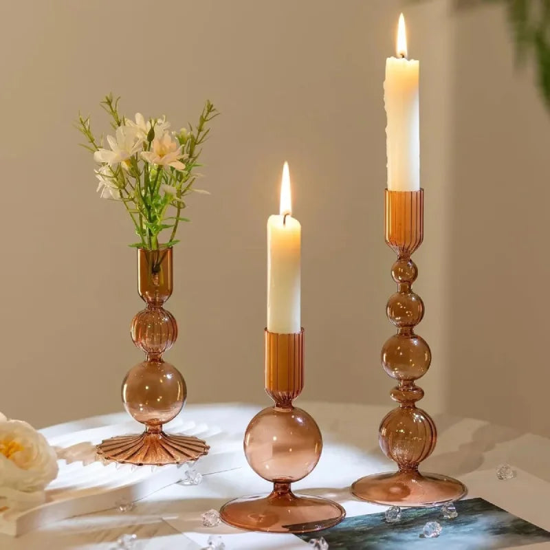 Colorful glass taper candle holders with ribbed and gradient design, set of 3 decorative centerpiece candlesticks