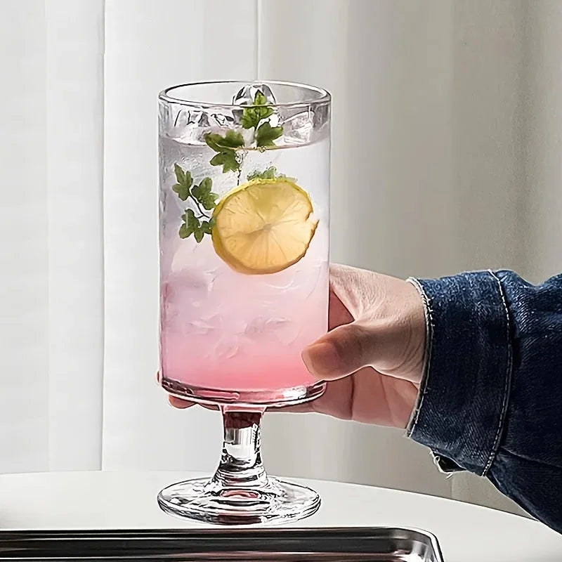 Footed glass cup vertical ribbed clear tall pedestal iced coffee juice cocktail wine elegant