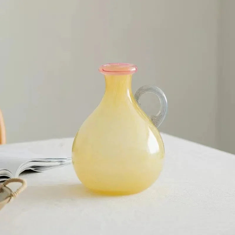 Handblown Glass Vase Colorful Dual Tone Spout Handle Pedestal Decorative Home Accent