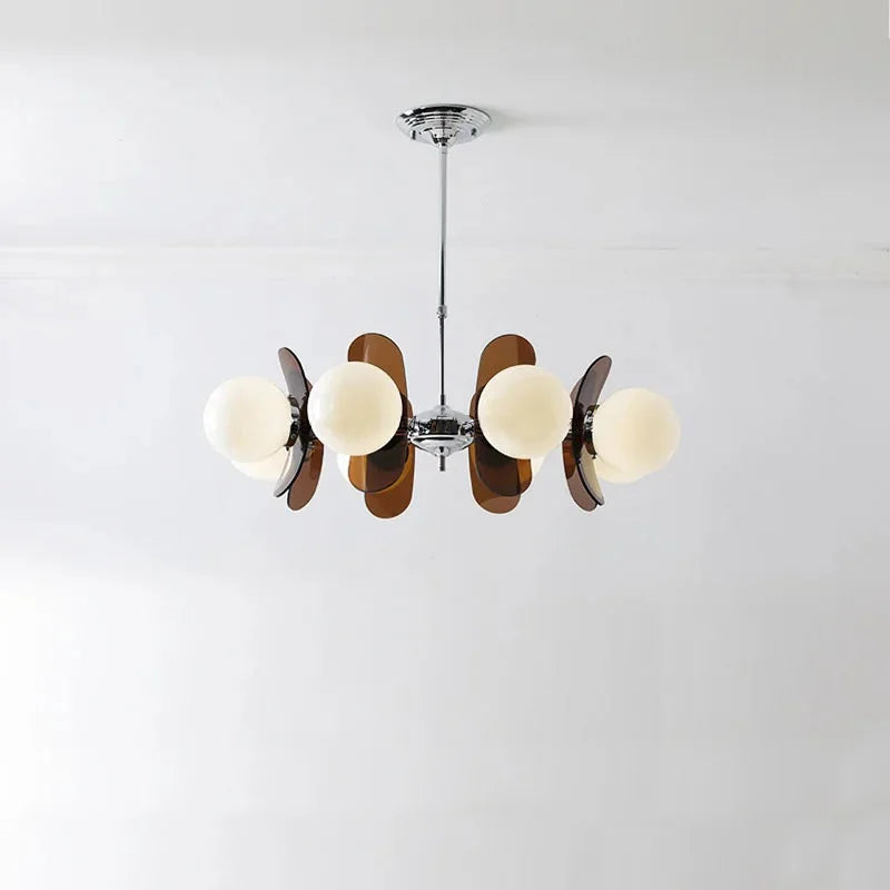 Retro glass globe chandelier with amber panels mid-century modern dining room light