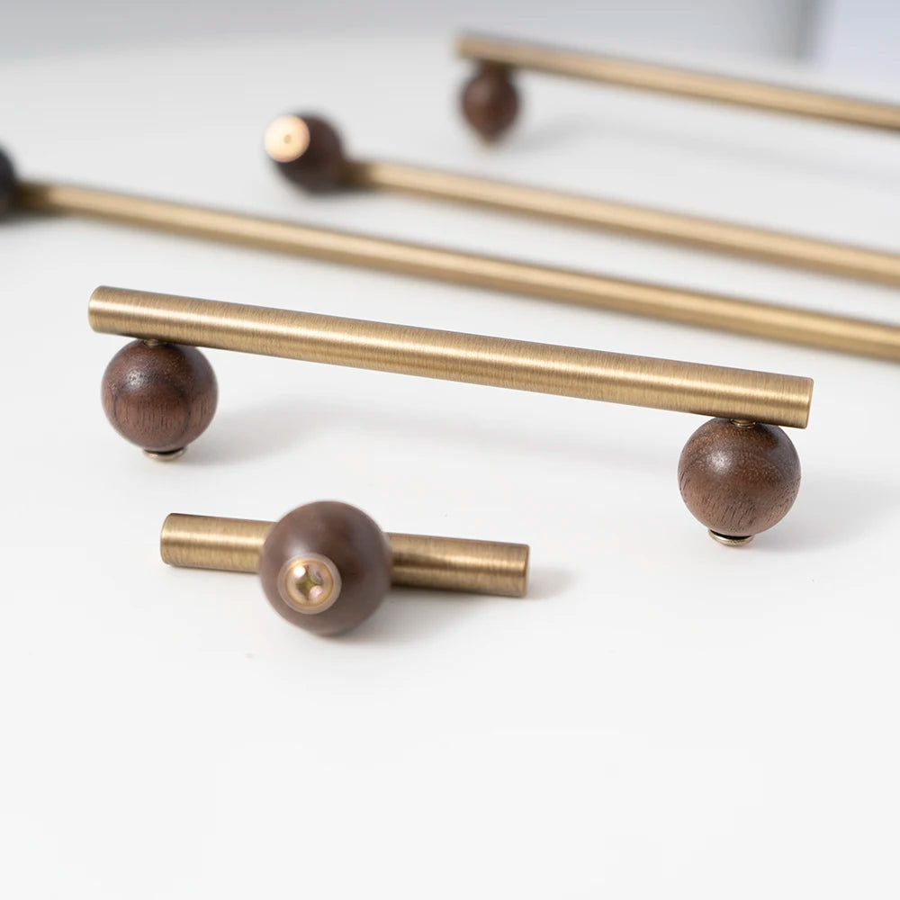 Bronze Brass + Walnut Wood Cabinet Handle and Knob Drawer Knobs T Bar Bedroom Kitchen Cupboard Hardware / Drawer Handles-Letifly Lights and Decor