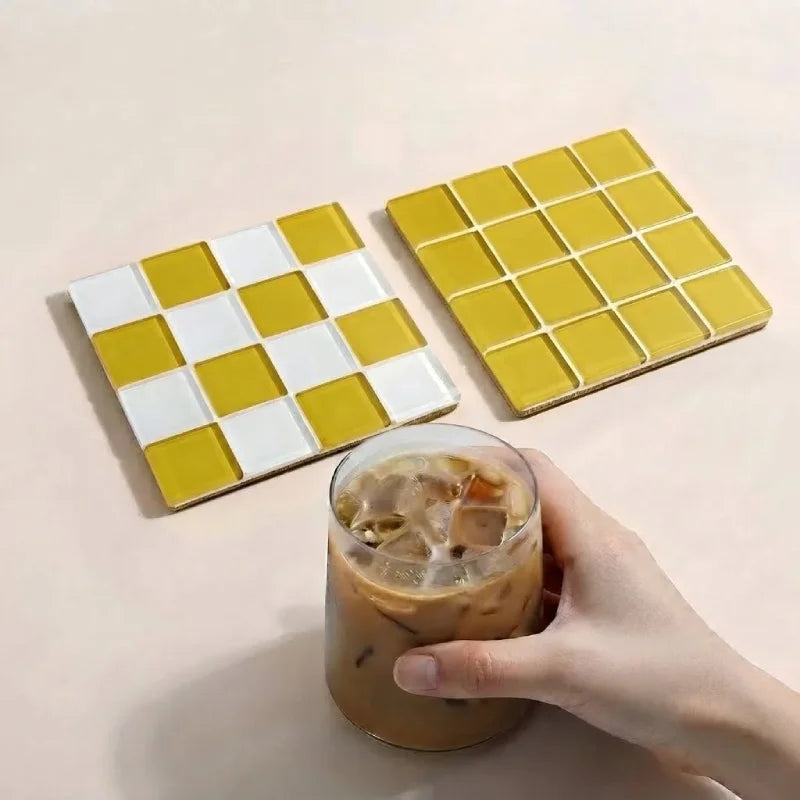 2Pcs Square Mosaic Glass Coaster Set, Heat Resistant Drink Cup Mats, Non-Slip Cork Base Table Protection Mat, Modern Minimalist-Letifly Lights and Decor