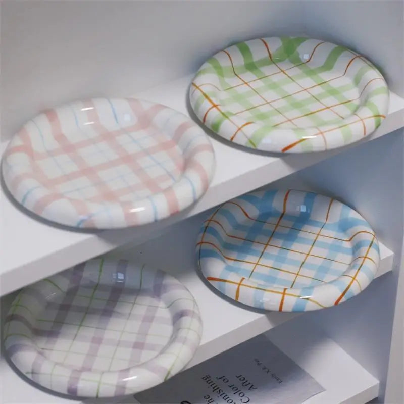 Gridline Ceramic Plates Glossy ceramic plates with thick rim in pink green blue purple modern tableware