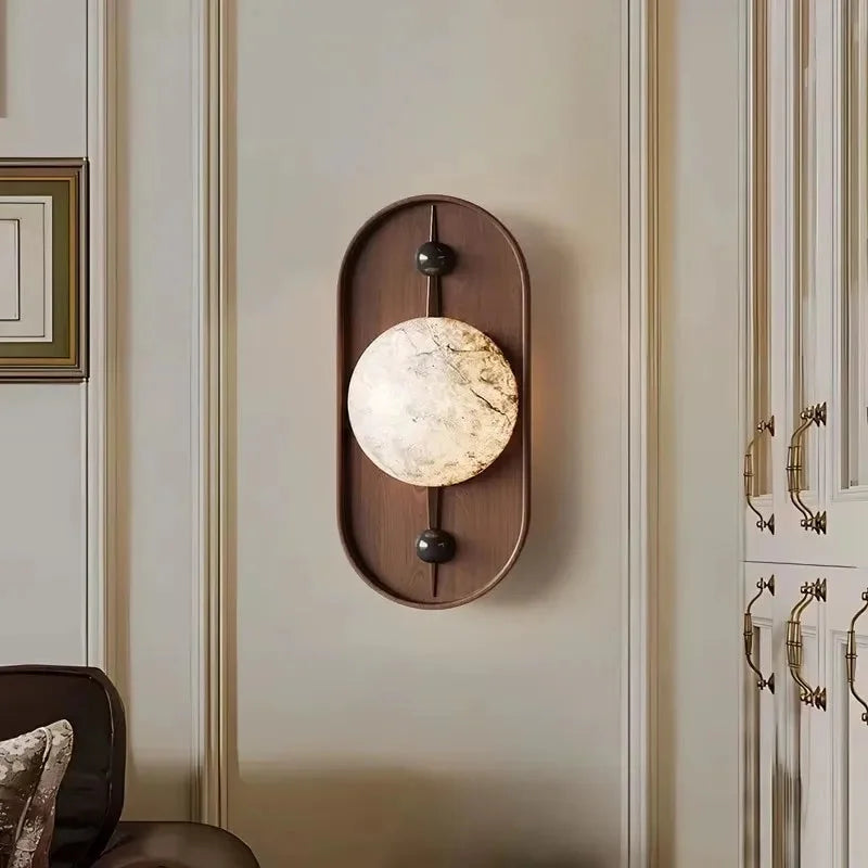 Marble Wall Lamp Sculptural Wood Frame Minimalist LED Japanese Modern Indoor Accent Lighting