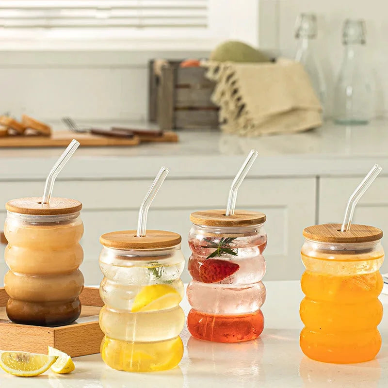 bubble glass cup bamboo lid straw borosilicate eco-friendly drinkware