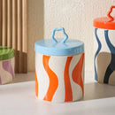 Retro colorful ceramic storage jar with lid wavy design glazed finish kitchen coffee candy container